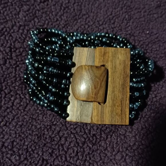 Vintage Multi-Strand Braided Bead Bracelet w/Wooden Hook Clasp - Picture 3 of 3